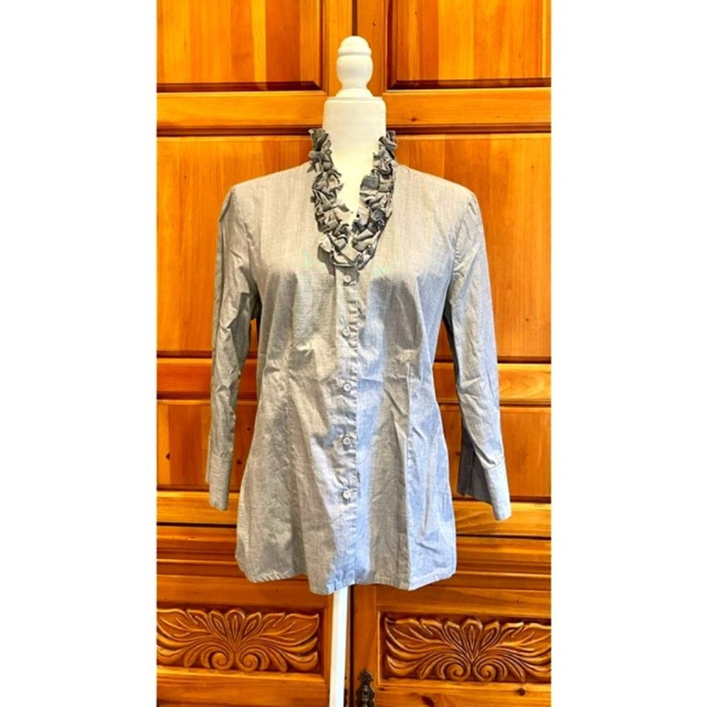 Talbot's Ruffled High V-Neck Blouse - Grey - Size 10
